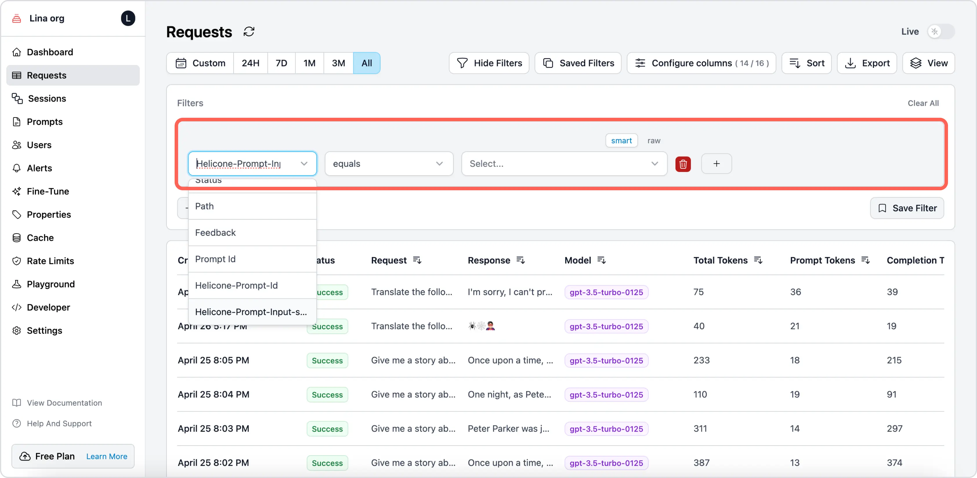 Filter by custom properties on Helicone's Request page